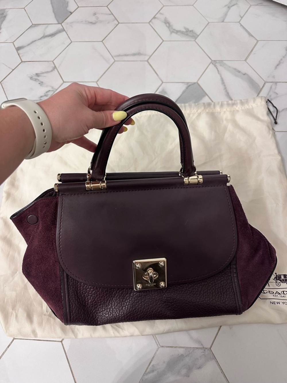 Coach Burgundy Leather and Suede Top-Handle Satchel with Gold Hardware